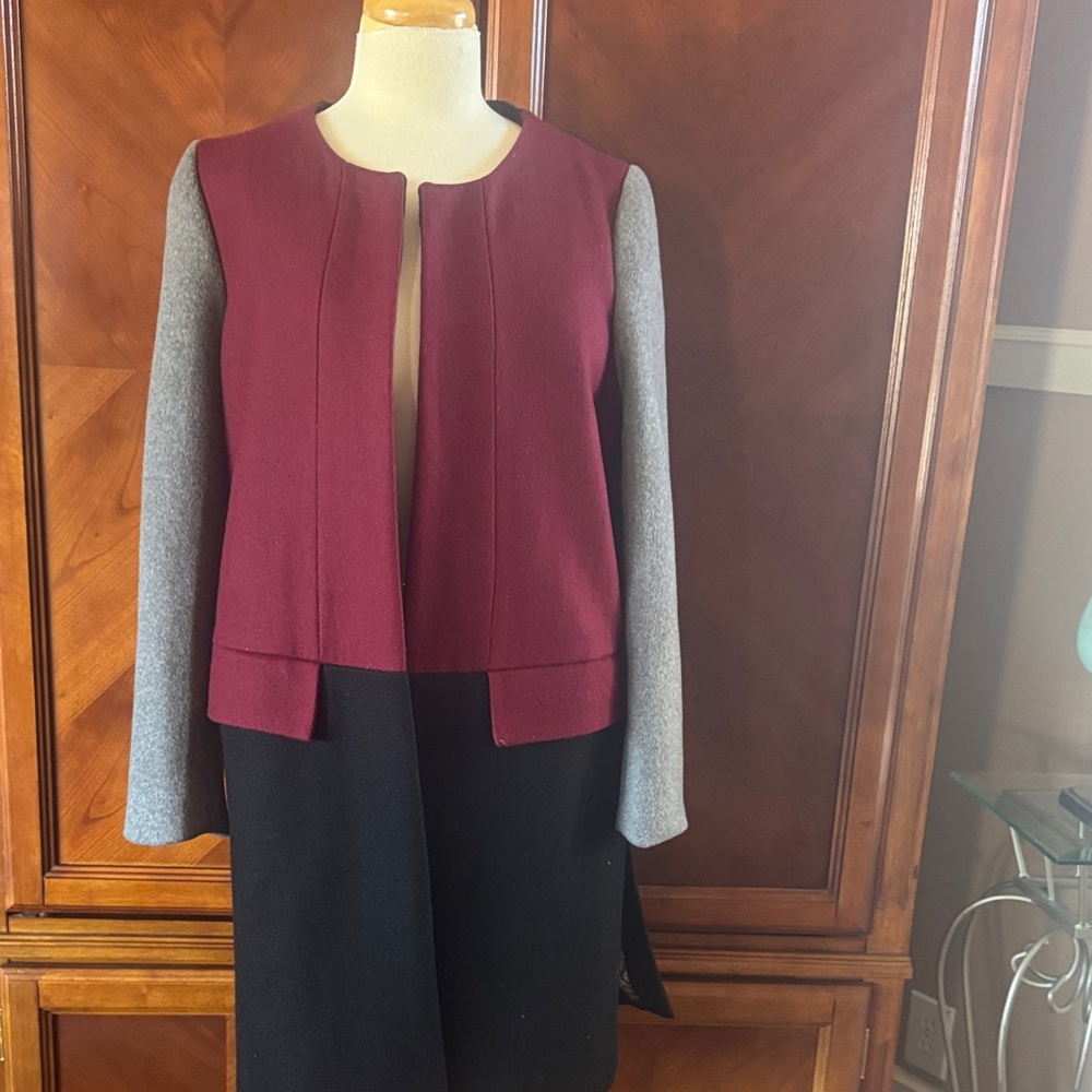 Women's Colorblock Coat- Burgundy, Gray, and Black